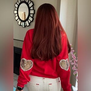 Crewneck sweatshirt rhinestone heart shaped sweatshirt for woman red sweatshirt
